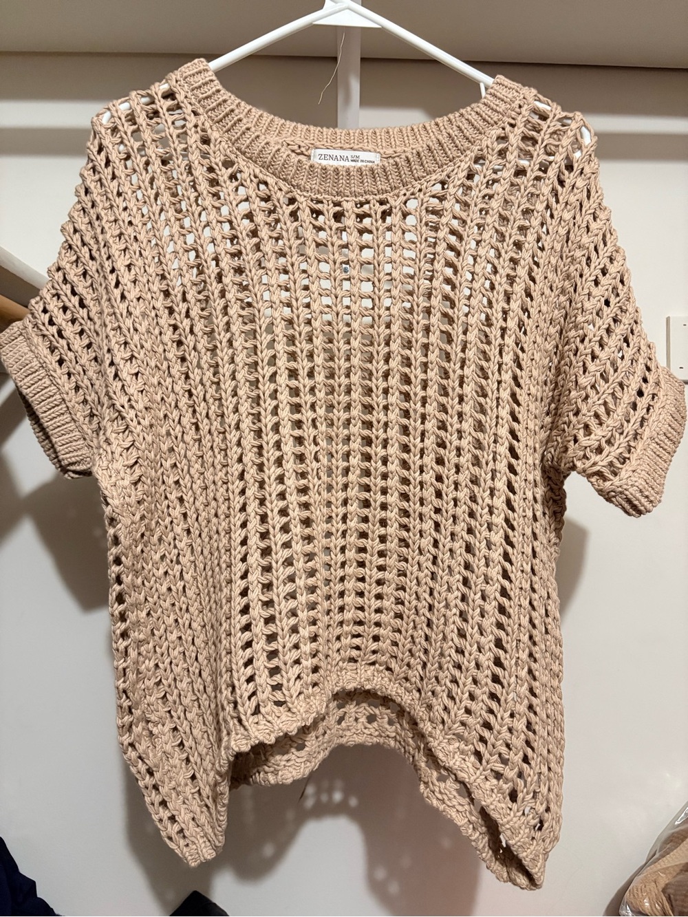 Zenana Open-Weave Short Sleeve Sweater — Beige